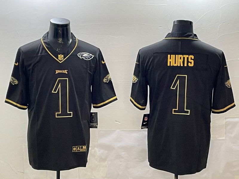 Men Philadelphia Eagles #1 Hurts Black gold Throwback 2025 Nike Vapor Limited NFL Jersey style 4